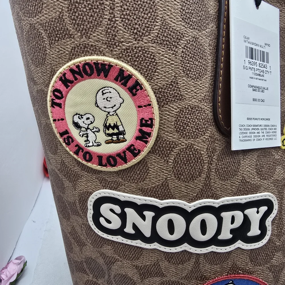 Coach x Peanuts City Tote with Snoopy, Lucy, Charlie Brown Patches Tan & Khaki - Picture 3 of 15